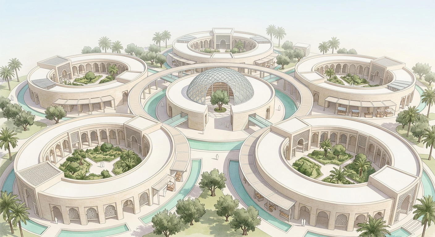 Concept illustration of a contemporary House of Wisdom, with circular sandstone courtyards connected around a shared centre
